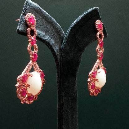 Gold Dangle Earrings with Cabochon Ruby Gemstones