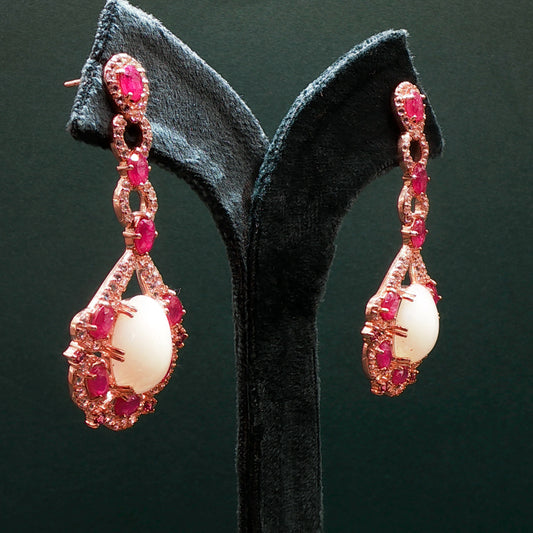 Gold Dangle Earrings with Cabochon Ruby Gemstones