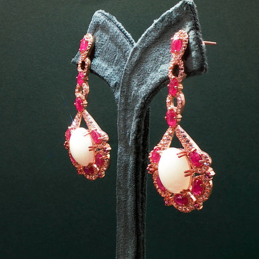 Gold Dangle Earrings with Cabochon Ruby Gemstones