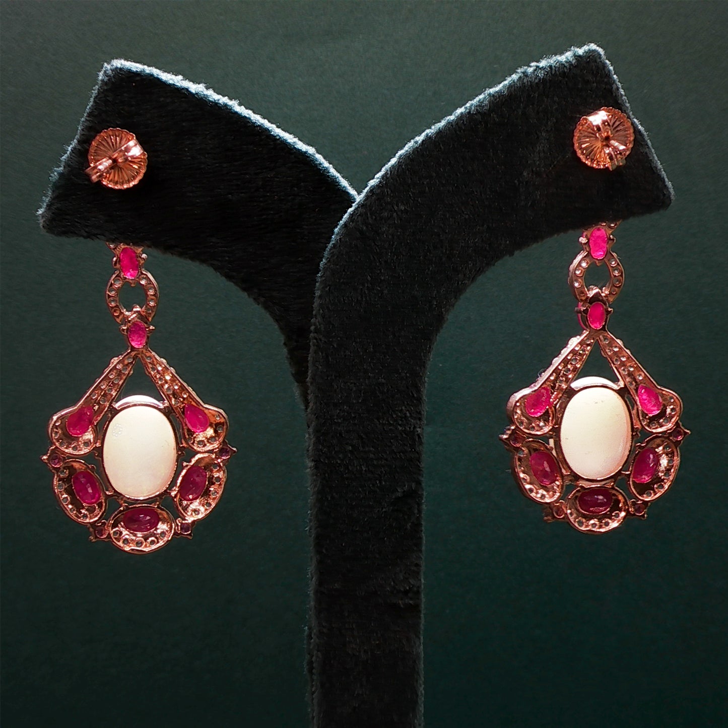 Gold Dangle Earrings with Cabochon Ruby Gemstones