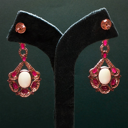 Gold Dangle Earrings with Cabochon Ruby Gemstones