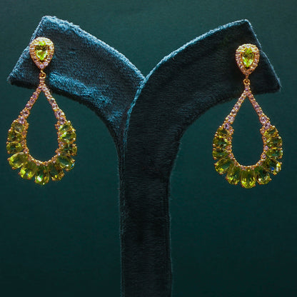 Gold Dangle Earrings with Cabochon Peridot Gemstones