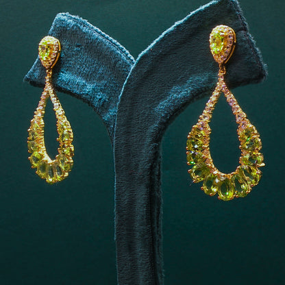 Gold Dangle Earrings with Cabochon Peridot Gemstones
