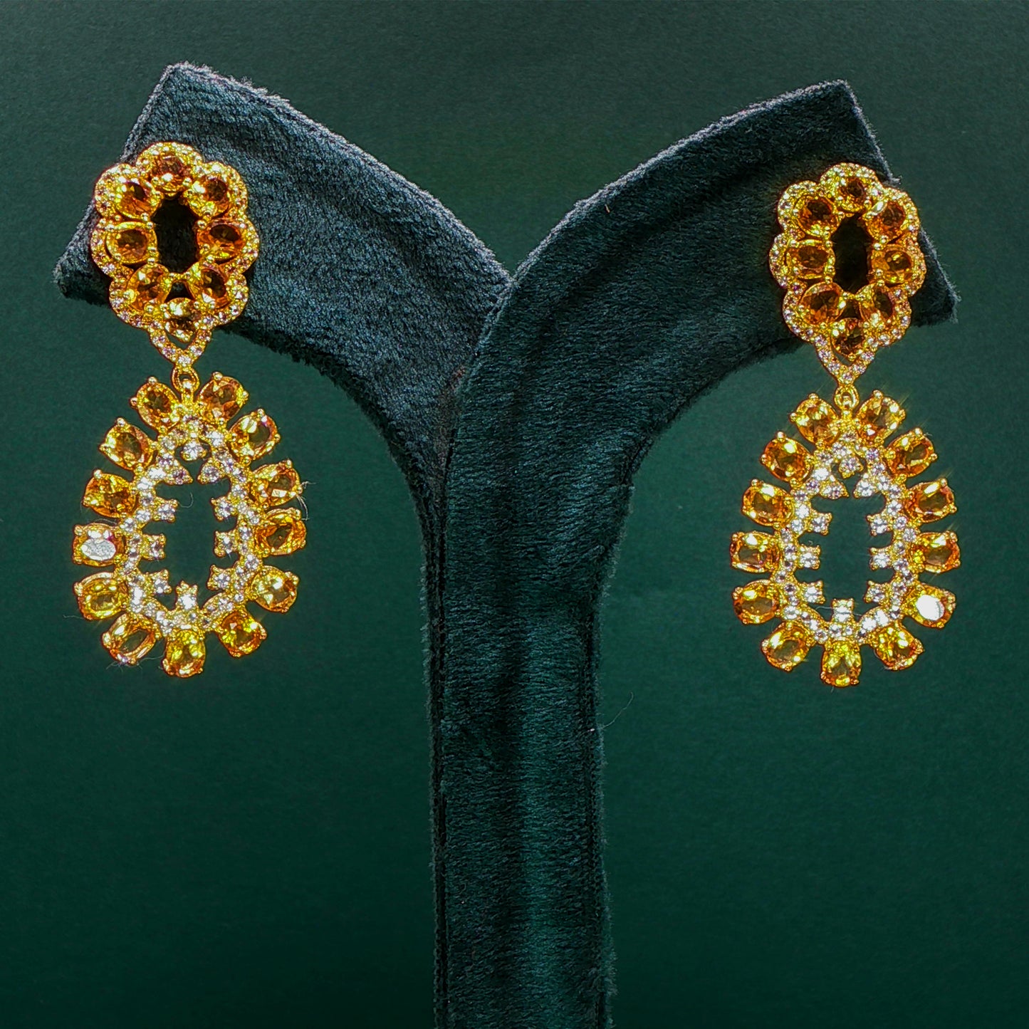 Golden Drop Earrings with Yellowish-Orange Cabochon Citrine