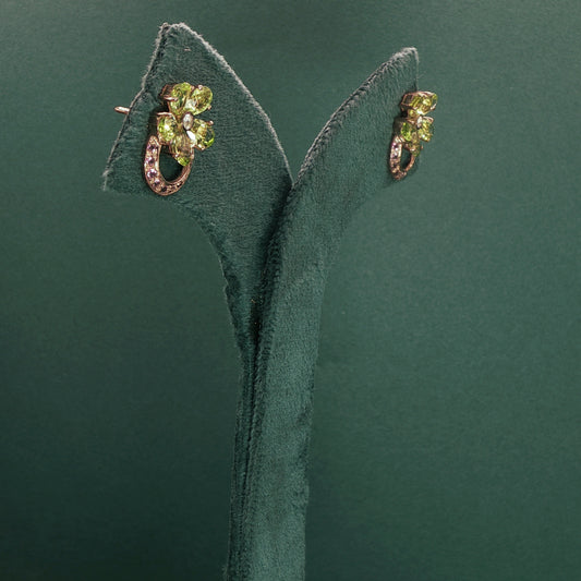 Gold Stud Earrings with Diamond and Peridot Gemstones