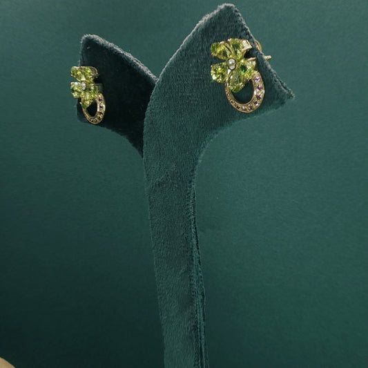 Gold Stud Earrings with Diamond and Peridot Gemstones