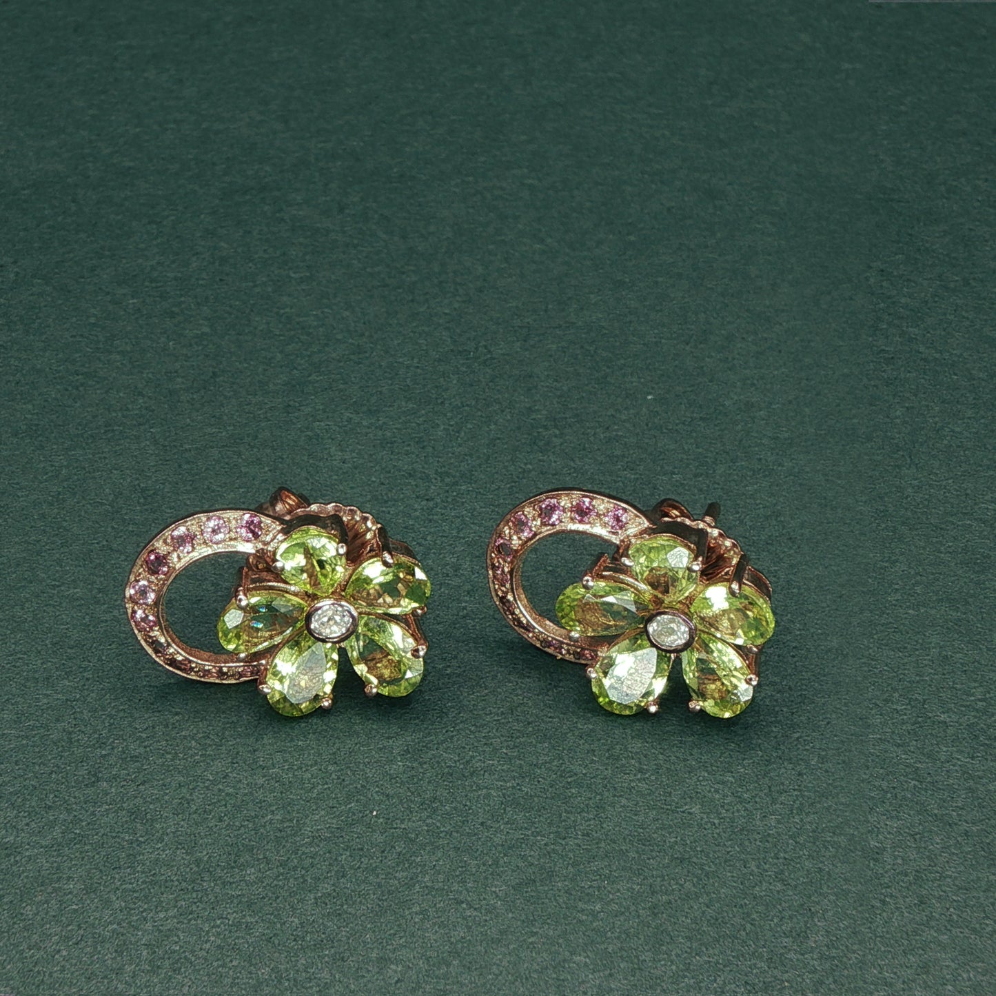 Gold Stud Earrings with Diamond and Peridot Gemstones
