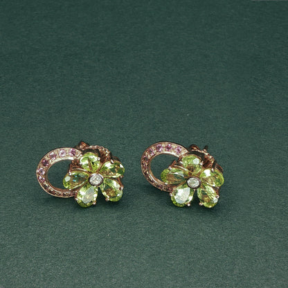 Gold Stud Earrings with Diamond and Peridot Gemstones