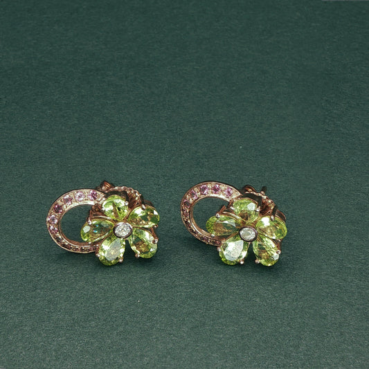 Gold Stud Earrings with Diamond and Peridot Gemstones