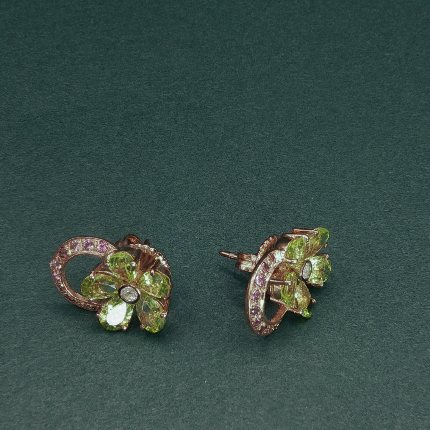 Gold Stud Earrings with Diamond and Peridot Gemstones