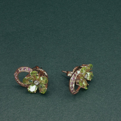 Gold Stud Earrings with Diamond and Peridot Gemstones