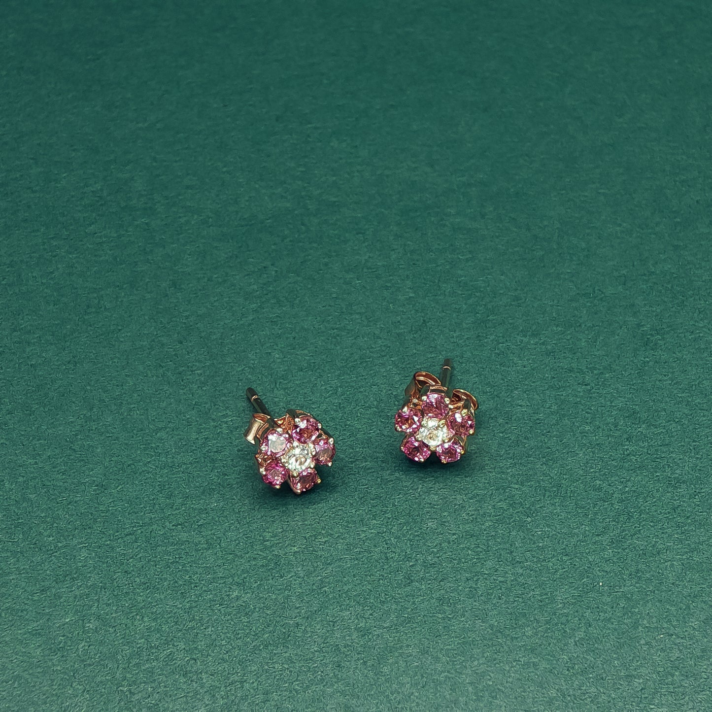 Gold Stud Earrings with Round Ruby and Diamond Floral Design