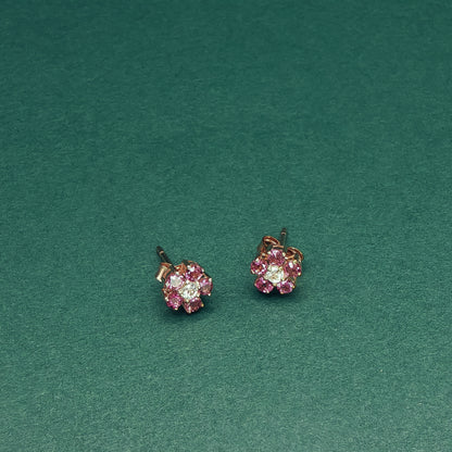 Gold Stud Earrings with Round Ruby and Diamond Floral Design