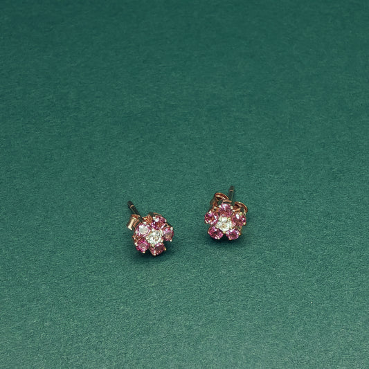 Gold Stud Earrings with Round Ruby and Diamond Floral Design