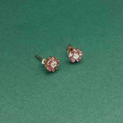 Gold Stud Earrings with Round Ruby and Diamond Floral Design