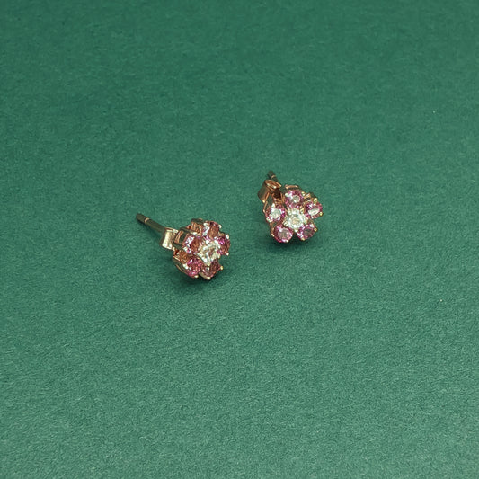 Gold Stud Earrings with Round Ruby and Diamond Floral Design