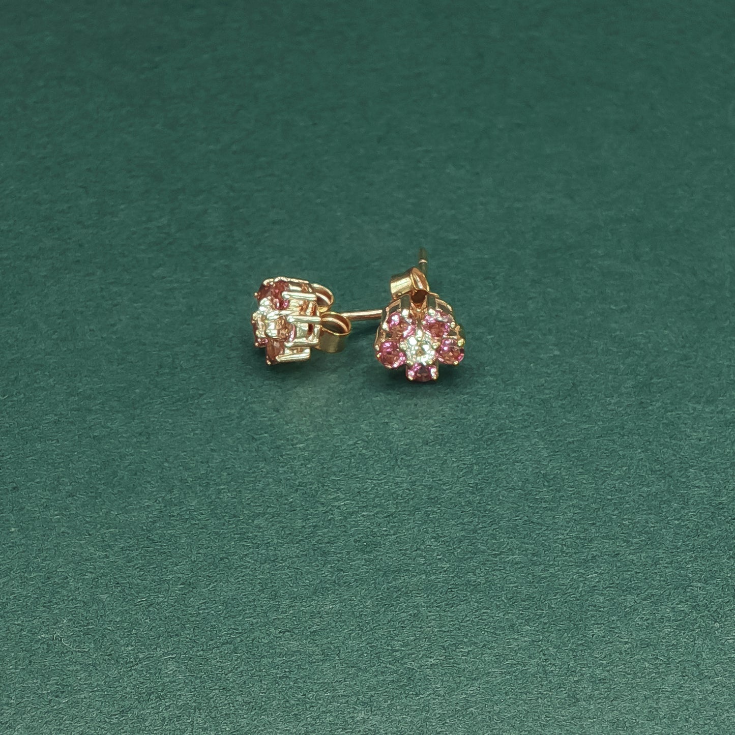 Gold Stud Earrings with Round Ruby and Diamond Floral Design