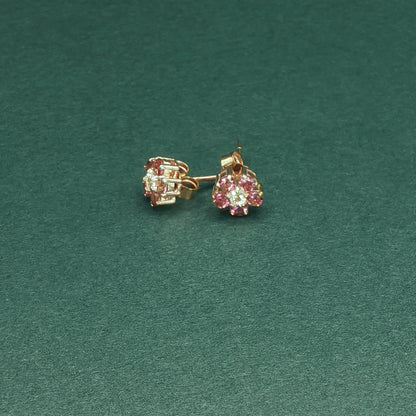 Gold Stud Earrings with Round Ruby and Diamond Floral Design