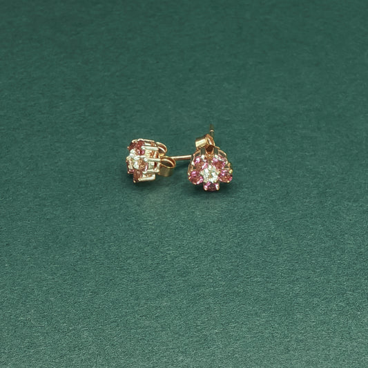 Gold Stud Earrings with Round Ruby and Diamond Floral Design