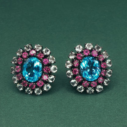 Blue Topaz Cabochon Stud Earrings