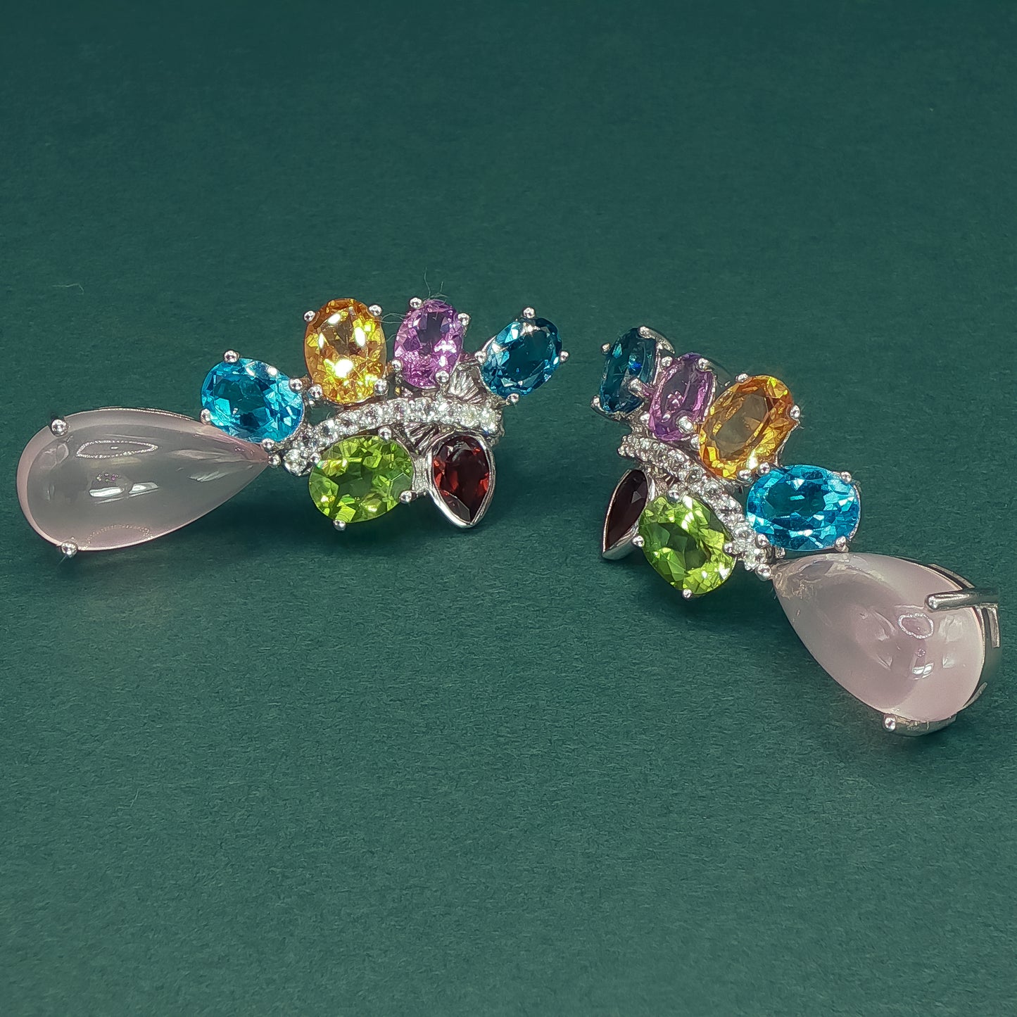 White Gold Drop Earrings with Cabochon Rose Quartz Gemstones