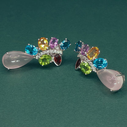 White Gold Drop Earrings with Cabochon Rose Quartz Gemstones