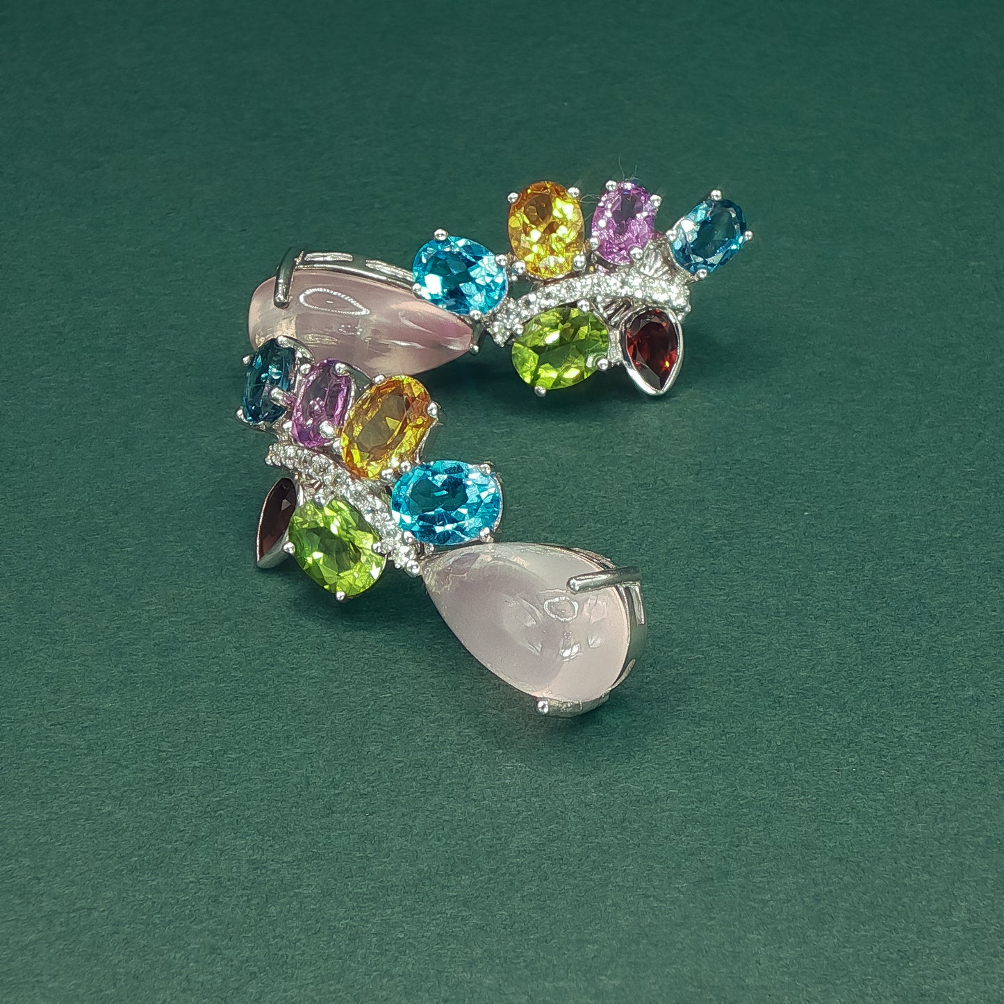 White Gold Drop Earrings with Cabochon Rose Quartz Gemstones