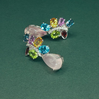 White Gold Drop Earrings with Cabochon Rose Quartz Gemstones