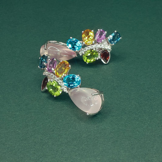 White Gold Drop Earrings with Cabochon Rose Quartz Gemstones