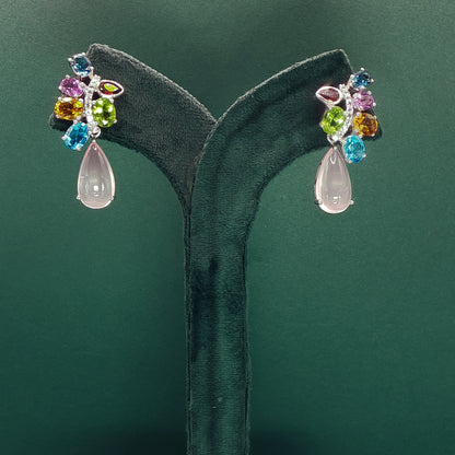 White Gold Drop Earrings with Cabochon Rose Quartz Gemstones