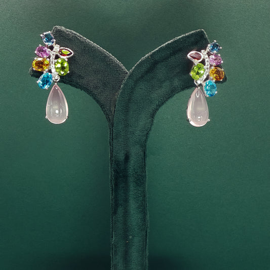 White Gold Drop Earrings with Cabochon Rose Quartz Gemstones