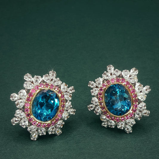 Stud Earrings and Pendant with Chain  with Oval Cabochon Blue Topaz