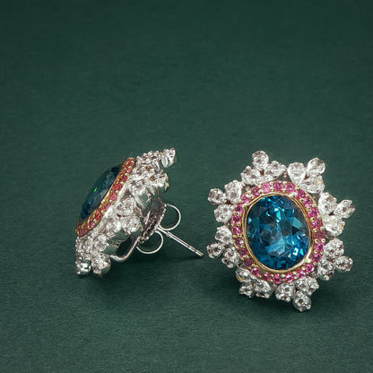 Stud Earrings and Pendant with Chain  with Oval Cabochon Blue Topaz