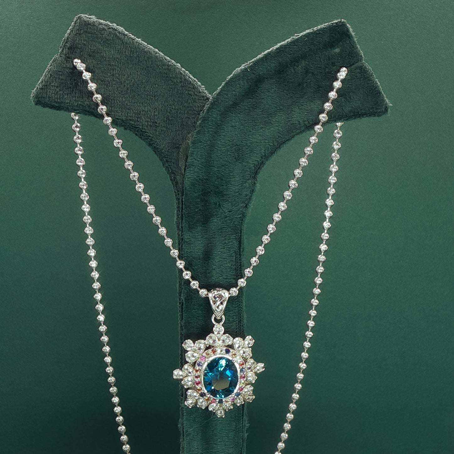 Stud Earrings and Pendant with Chain  with Oval Cabochon Blue Topaz