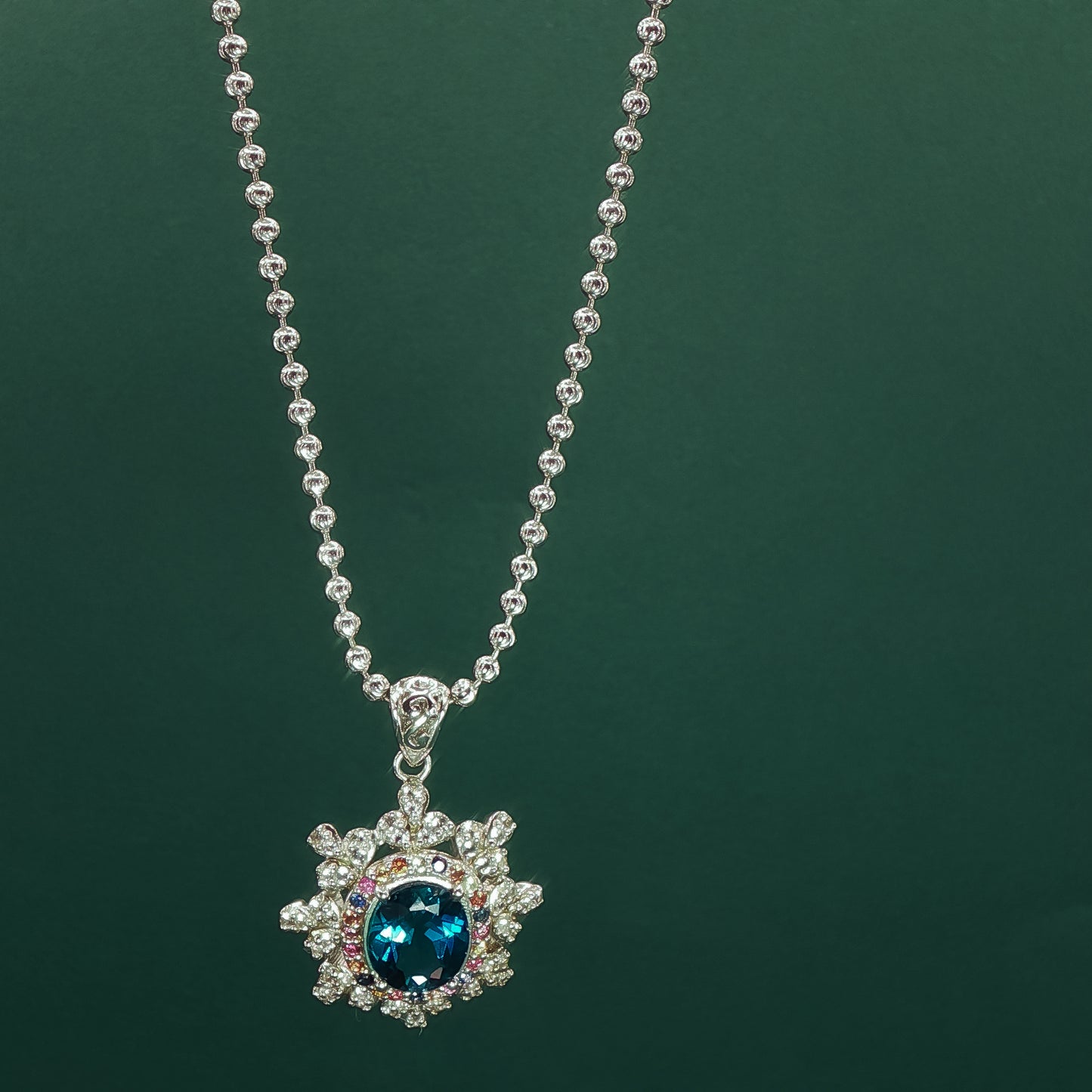 Stud Earrings and Pendant with Chain  with Oval Cabochon Blue Topaz