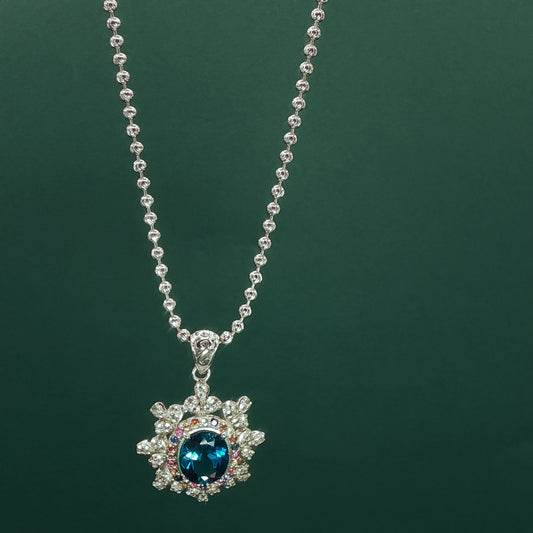 Stud Earrings and Pendant with Chain  with Oval Cabochon Blue Topaz