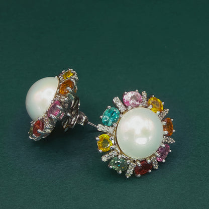 Silver Pendant set with Pearl Cabochon and Gemstone Halo