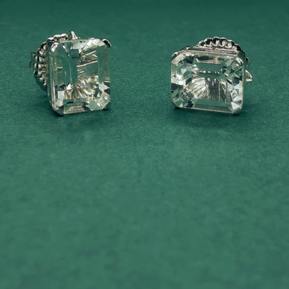 Silver Stud Earrings with Square Cut Crystal