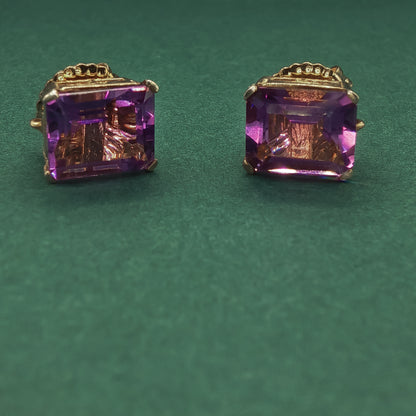 Gold Stud Earrings with Square Amethyst Gemstones