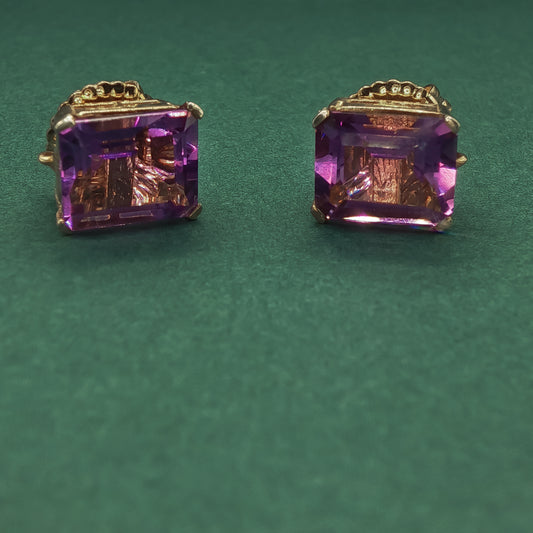 Gold Stud Earrings with Square Amethyst Gemstones