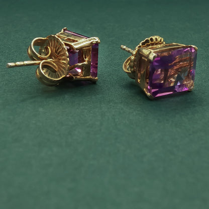 Gold Stud Earrings with Square Amethyst Gemstones