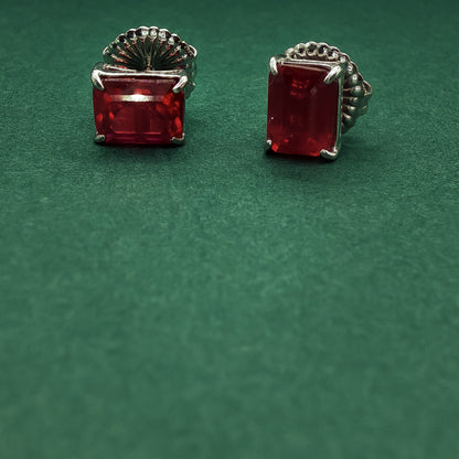 Sterling Silver Stud Earrings with Emerald Cut Red Rubies