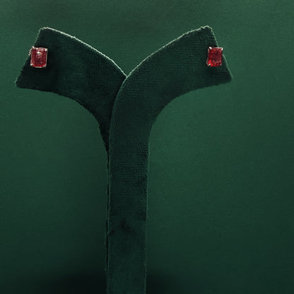 Sterling Silver Stud Earrings with Emerald Cut Red Rubies