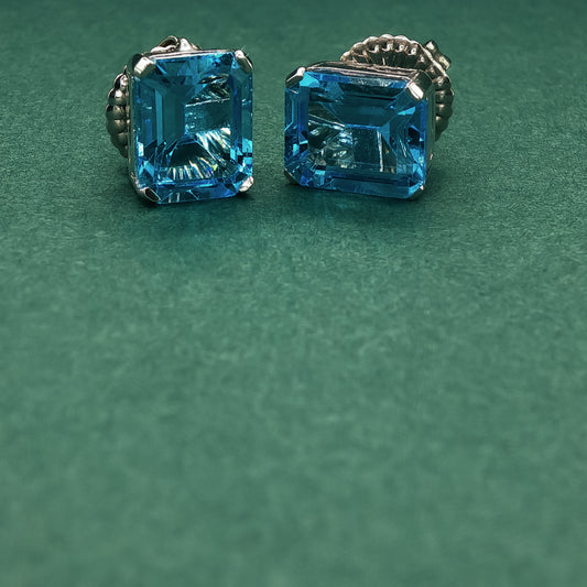 Pair of silver earrings with blue gemstones on a green background

