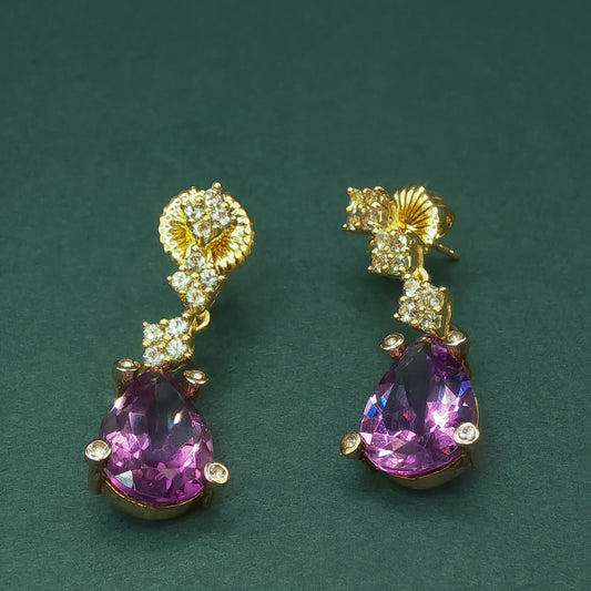 Yellow Gold Drop Earrings with Pear Shaped Amethyst Cabochons