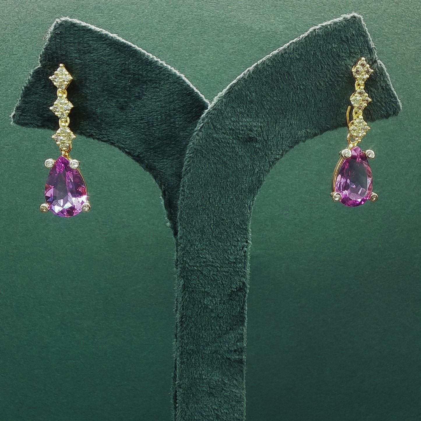 Yellow Gold Drop Earrings with Pear Shaped Amethyst Cabochons