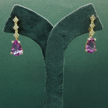 Yellow Gold Drop Earrings with Pear Shaped Amethyst Cabochons