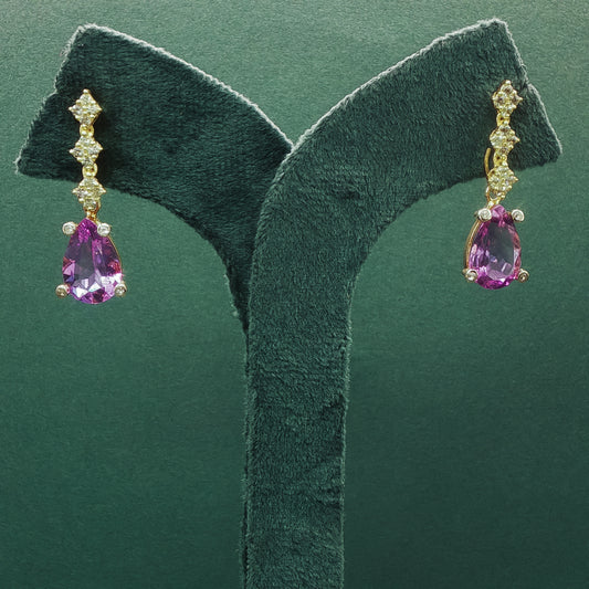 Yellow Gold Drop Earrings with Pear Shaped Amethyst Cabochons