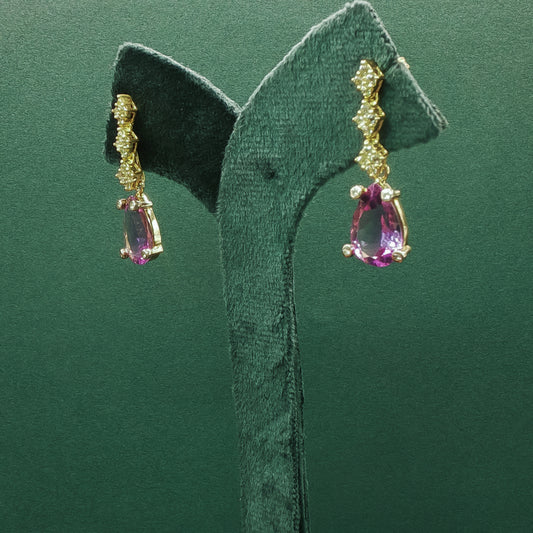 Yellow Gold Drop Earrings with Pear Shaped Amethyst Cabochons