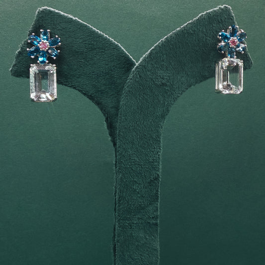 White Gold Drop Earrings with Octagon Cut Blue Topaz Gemstones